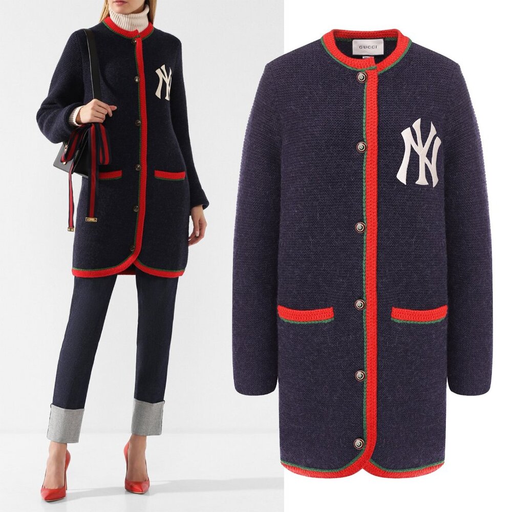 GUCCI CARDIGAN LONG SWEATER NY YANKEES LOGO PATCH WOOL ALPACA sz S SMALL